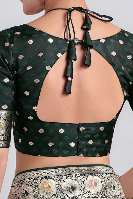 Shop_Samyukta Singhania_Green Zari V-neck Dark Woven Banarasi Saree With Blouse _Online_at_Aza_Fashions