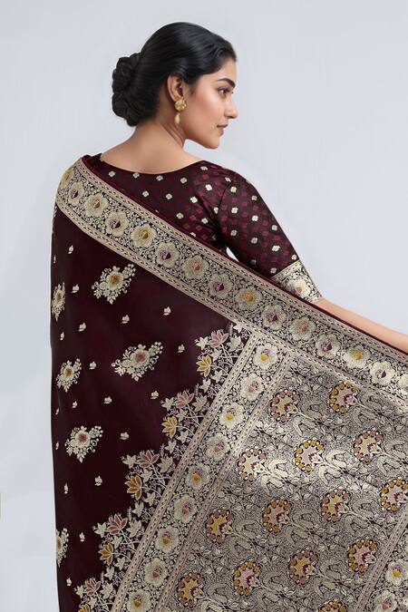Buy_Samyukta Singhania_Maroon Zari Round Neck Dark Woven Saree With Blouse _Online_at_Aza_Fashions