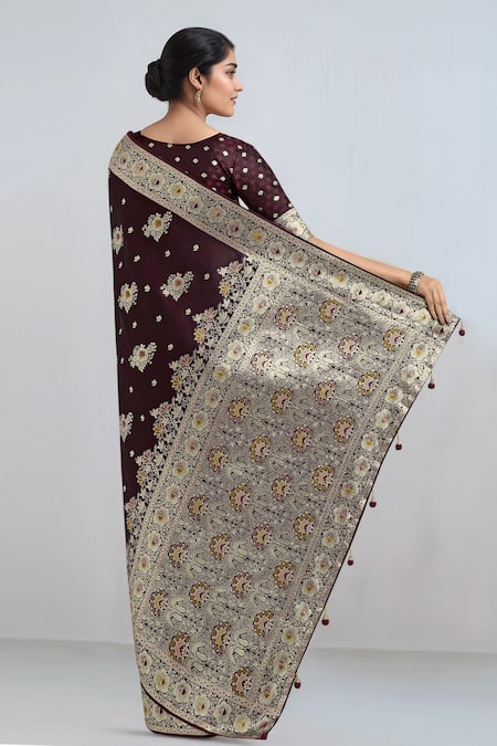 Samyukta Singhania Dark Maroon Zari Woven Saree With Blouse 