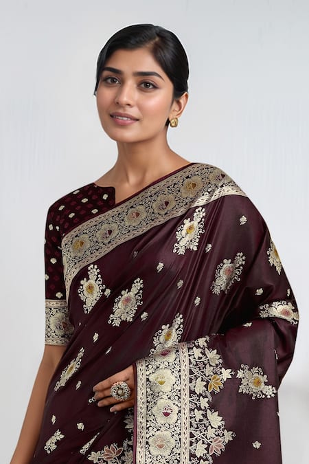 Shop_Samyukta Singhania_Maroon Zari Round Neck Dark Woven Saree With Blouse _Online_at_Aza_Fashions