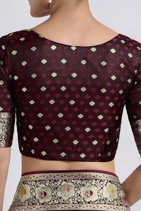 Buy_Samyukta Singhania_Maroon Zari Round Neck Dark Woven Saree With Blouse 
