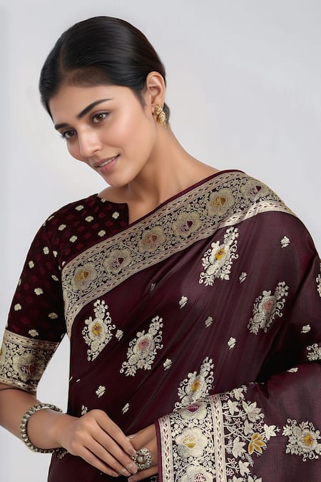 Shop_Samyukta Singhania_Maroon Zari Round Neck Dark Woven Saree With Blouse 