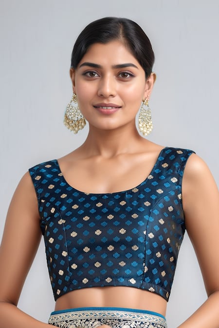 Samyukta Singhania Teal Embroidery, Zari Round Neck Dark Blue Woven Banarasi Saree With Blouse Online at Aza Fashions Samyukta Singhania_Teal Embroidery, Zari Round Neck Dark Blue Woven Banarasi Saree With Blouse _Online_at_Aza_Fashions