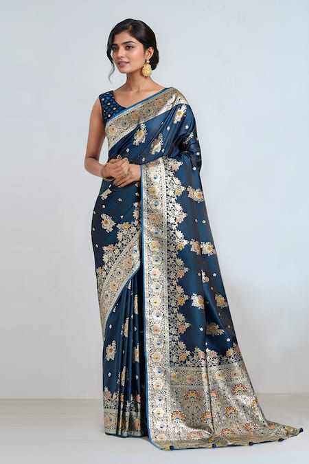 Buy Samyukta Singhania Teal Embroidery, Zari Round Neck Dark Blue Woven Banarasi Saree With Blouse Online at Aza Fashions Buy_Samyukta Singhania_Teal Embroidery, Zari Round Neck Dark Blue Woven Banarasi Saree With Blouse _Online_at_Aza_Fashions