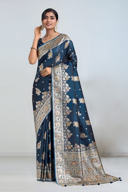Samyukta Singhania Dark Teal Blue Zari Woven Banarasi Saree With Blouse 