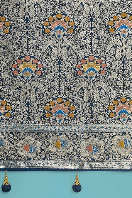 Shop Samyukta Singhania Teal Embroidery, Zari Round Neck Dark Blue Woven Banarasi Saree With Blouse Online at Aza Fashions Shop_Samyukta Singhania_Teal Embroidery, Zari Round Neck Dark Blue Woven Banarasi Saree With Blouse _Online_at_Aza_Fashions