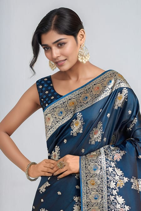 Samyukta Singhania Teal Embroidery, Zari Round Neck Dark Blue Woven Banarasi Saree With Blouse at Aza Fashions Samyukta Singhania_Teal Embroidery, Zari Round Neck Dark Blue Woven Banarasi Saree With Blouse _at_Aza_Fashions