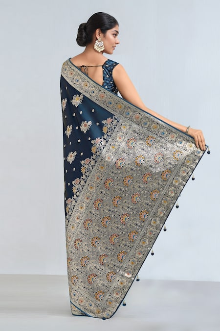 Samyukta Singhania Dark Teal Blue Zari Woven Banarasi Saree With Blouse 