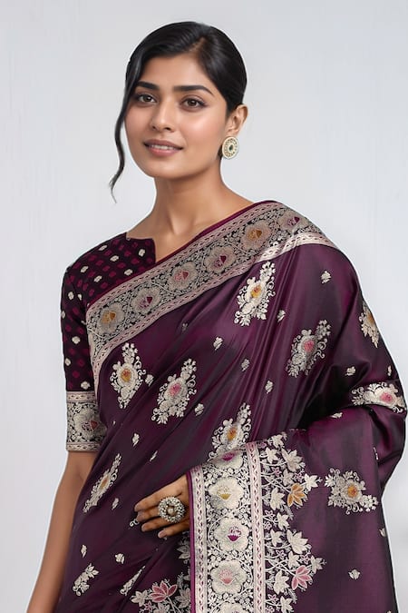 Samyukta Singhania_Wine Tassels, Zari Round Neck Dark Woven Banarasi Saree With Blouse _Online_at_Aza_Fashions
