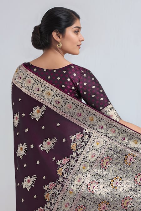 Shop_Samyukta Singhania_Wine Tassels, Zari Round Neck Dark Woven Banarasi Saree With Blouse _Online_at_Aza_Fashions
