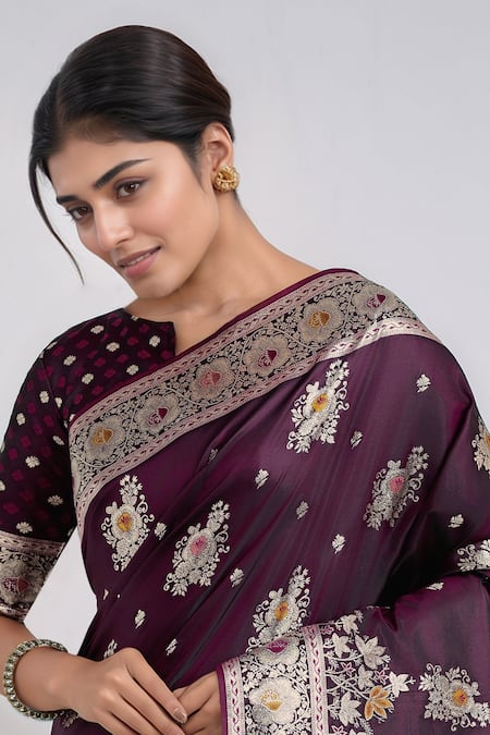 Samyukta Singhania_Wine Tassels, Zari Round Neck Dark Woven Banarasi Saree With Blouse _at_Aza_Fashions