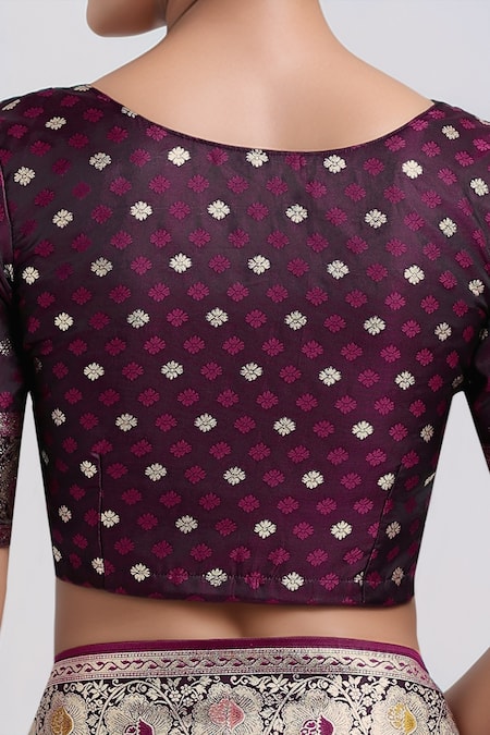 Buy_Samyukta Singhania_Wine Tassels, Zari Round Neck Dark Woven Banarasi Saree With Blouse 