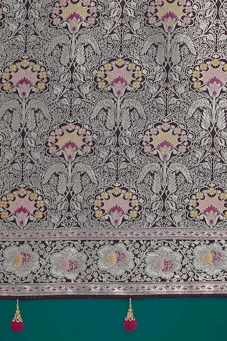 Shop_Samyukta Singhania_Wine Tassels, Zari Round Neck Dark Woven Banarasi Saree With Blouse 