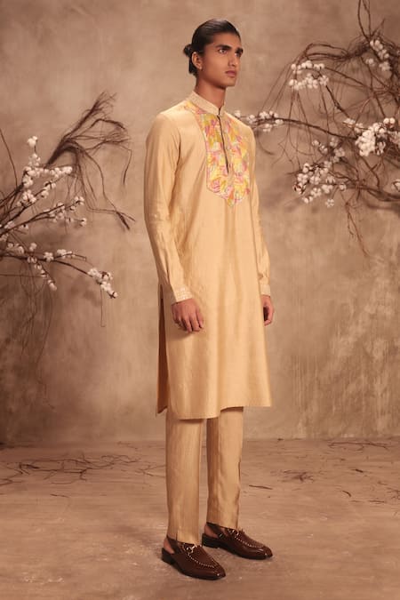 Label Niti Bothra_Ivory Chanderi Silk Applique Nazakat Yoke Kurta Set _Online_at_Aza_Fashions