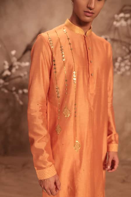 Label Niti Bothra_Orange Chanderi Silk Mirrors Nazakat Abstract Embroidered Kurta Set _Online_at_Aza_Fashions