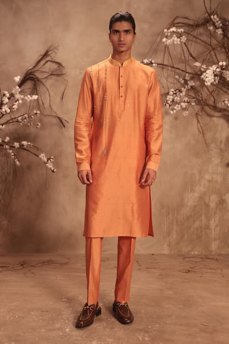 Label Niti Bothra Orange Chanderi Silk Mirrors Nazakat Abstract Embroidered Kurta Set