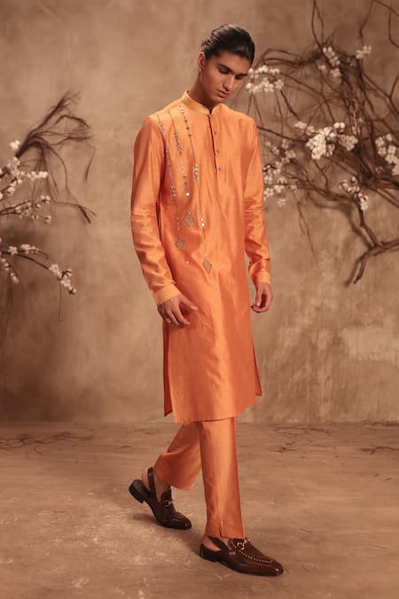 Buy_Label Niti Bothra_Orange Chanderi Silk Mirrors Nazakat Abstract Embroidered Kurta Set _Online_at_Aza_Fashions