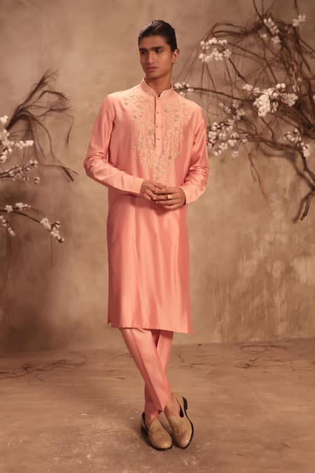 Label Niti Bothra_Pink Chanderi Silk Nazakat Mirror Work Embroidered Neckline Kurta Set _Online_at_Aza_Fashions