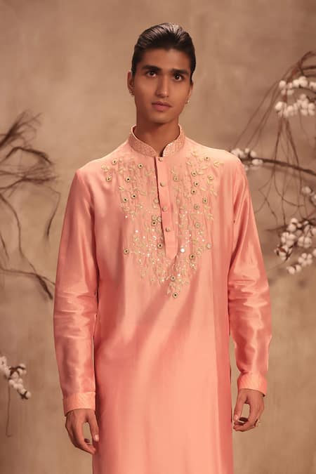 Buy_Label Niti Bothra_Pink Chanderi Silk Nazakat Mirror Work Embroidered Neckline Kurta Set _Online_at_Aza_Fashions