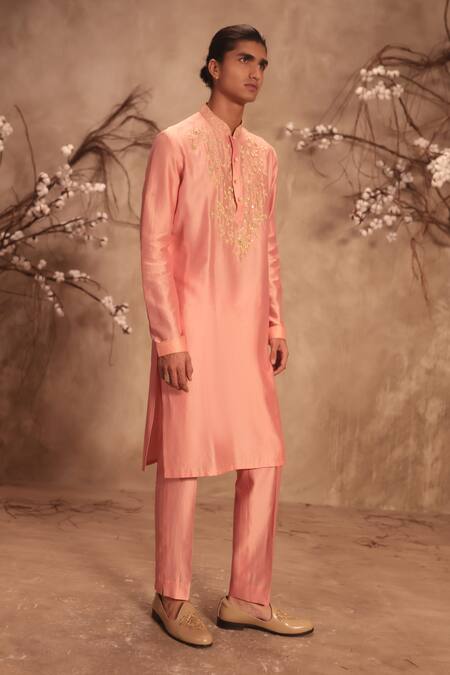 Shop_Label Niti Bothra_Pink Chanderi Silk Nazakat Mirror Work Embroidered Neckline Kurta Set _Online_at_Aza_Fashions