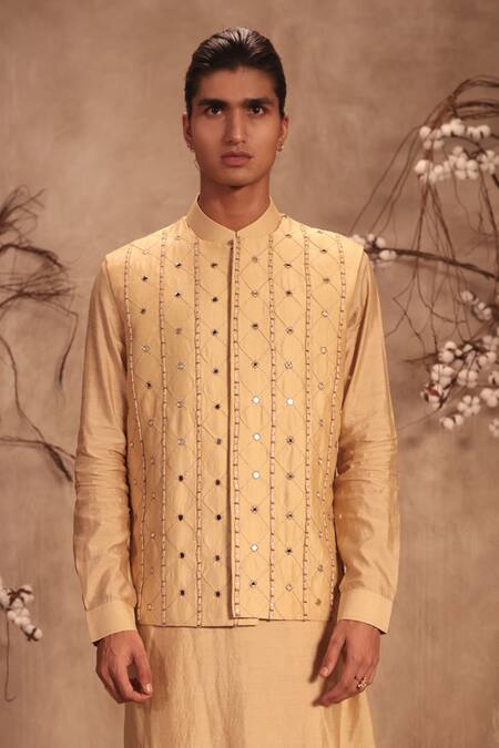 Buy_Label Niti Bothra_Ivory Chanderi Silk Zari, Mirrors Nazakat Geometric Work Bundi Kurta Set _Online_at_Aza_Fashions