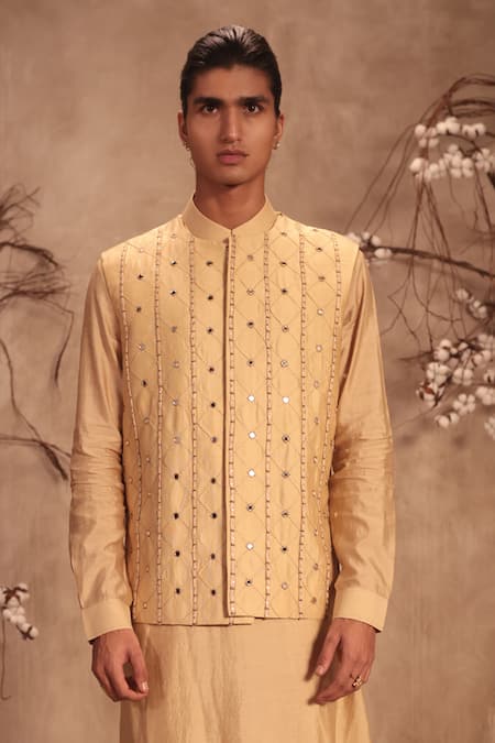 Buy Label Niti Bothra Ivory Chanderi Silk Zari, Mirrors Nazakat Geometric Work Bundi Online at Aza Fashions Buy_Label Niti Bothra_Ivory Chanderi Silk Zari, Mirrors Nazakat Geometric Work Bundi _Online_at_Aza_Fashions
