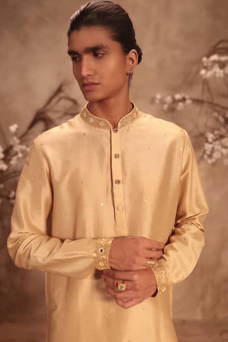 Label Niti Bothra_Ivory Silk, Mirrors, Nazakat Embroidered Collar Kurta Set _Online_at_Aza_Fashions