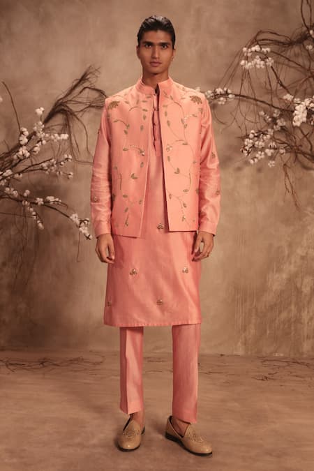 Label Niti Bothra_Pink Chanderi Silk Zari, Gota Nazakat Lotus Jaal Embroidered Bundi Kurta Set _Online_at_Aza_Fashions