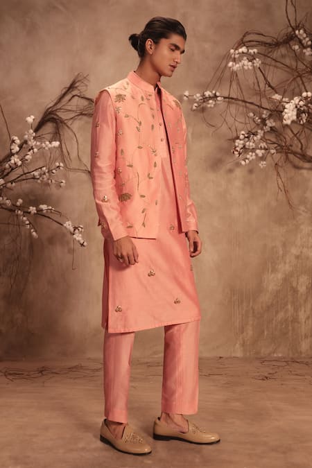 Buy_Label Niti Bothra_Pink Chanderi Silk Zari, Gota Nazakat Lotus Jaal Embroidered Bundi Kurta Set _Online_at_Aza_Fashions