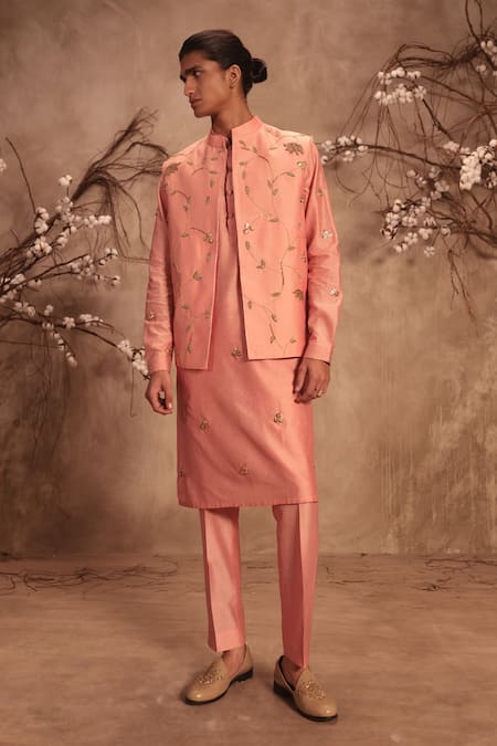 Shop_Label Niti Bothra_Pink Chanderi Silk Zari, Gota Nazakat Lotus Jaal Embroidered Bundi Kurta Set _Online_at_Aza_Fashions