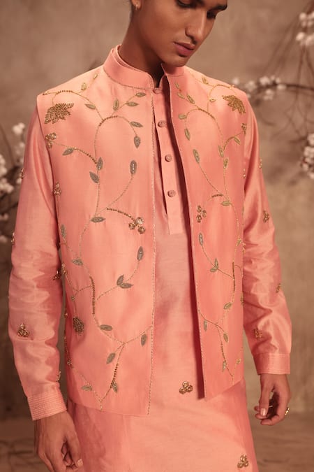 Label Niti Bothra_Pink Chanderi Silk Zari, Gota Nazakat Lotus Jaal Embroidered Bundi Kurta Set _at_Aza_Fashions