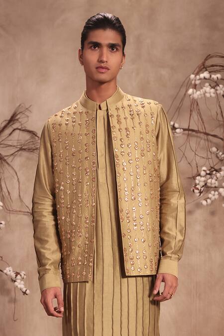 Label Niti Bothra_Green Chanderi Silk Embroidery Nazakat Light Striped Bundi Kurta Set _Online_at_Aza_Fashions