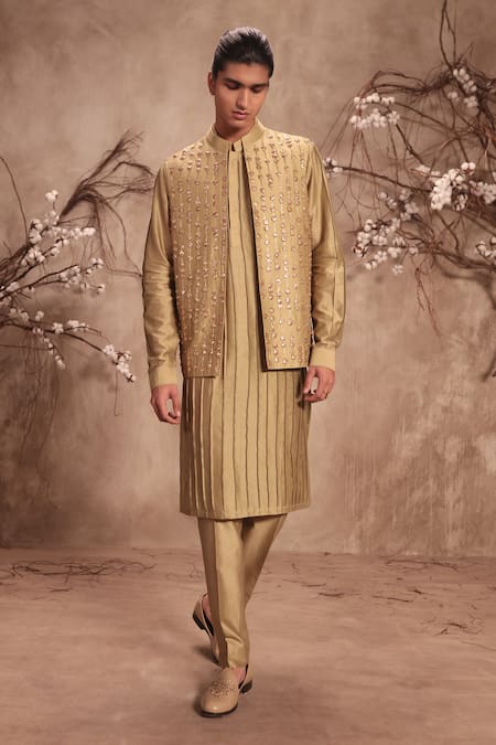 Label Niti Bothra Nazakat Light Green Striped Embroidered Bundi Kurta Set 