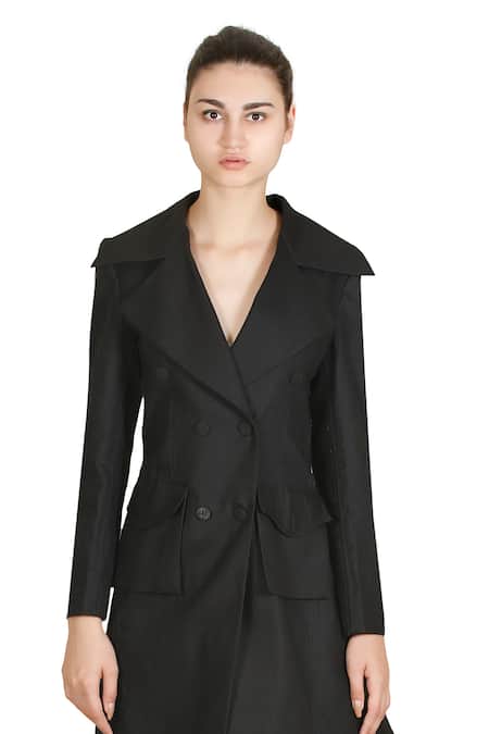 Shop_Samant Chauhan_Black Linen Notched Neck Noir Form Dress _Online_at_Aza_Fashions