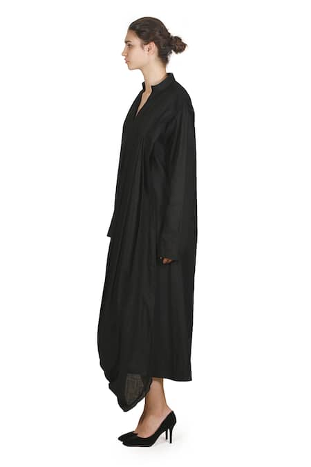 Samant Chauhan_Black Linen V-neck Dark Draft Dress _Online_at_Aza_Fashions