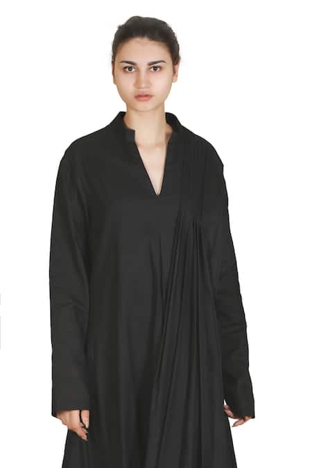 Buy_Samant Chauhan_Black Linen V-neck Dark Draft Dress _Online_at_Aza_Fashions