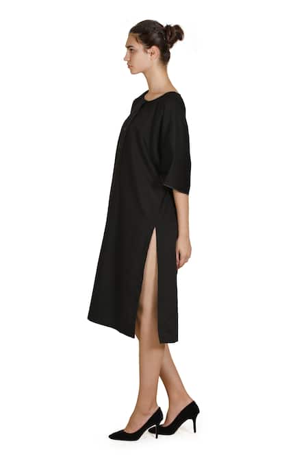 Buy_Samant Chauhan_Black Linen Round Neck Midnight Minimal Dress _Online_at_Aza_Fashions