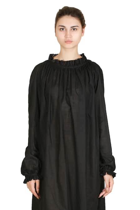 Samant Chauhan_Black Linen Round Neck Muted Grace Dress _Online_at_Aza_Fashions