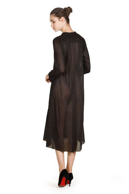 Shop Samant Chauhan Black Cotton, Viscose Split V-neck Everyday Ink Dress at Aza Fashions Shop_Samant Chauhan_Black Cotton, Viscose Split V-neck Everyday Ink Dress _at_Aza_Fashions