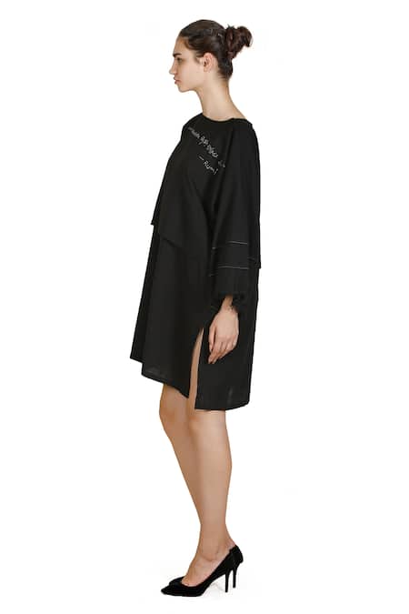Samant Chauhan_Black Linen Round Neck Bloom Dress _Online_at_Aza_Fashions