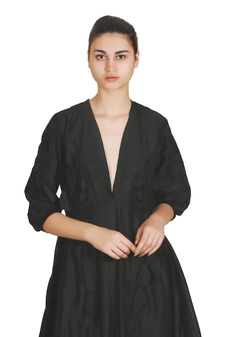 Buy_Samant Chauhan_Black Cotton, Silk Embroidery V-neck Ash Rhythm Dress _Online_at_Aza_Fashions
