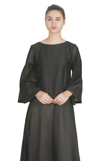 Buy_Samant Chauhan_Black Cotton, Silk Round Neck Graphite Flow Dress _Online_at_Aza_Fashions