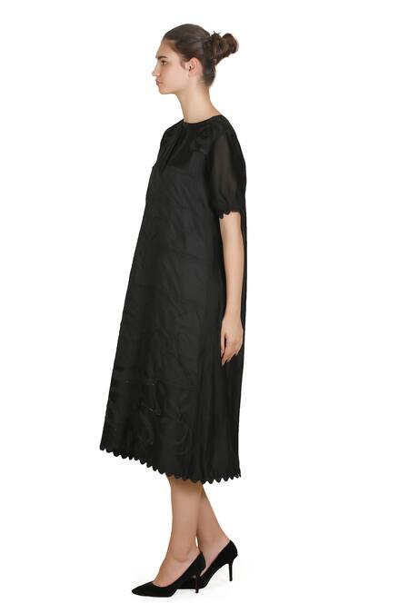 Samant Chauhan_Black Cotton, Silk Embroidery Round Neck Thesis Dress _Online_at_Aza_Fashions