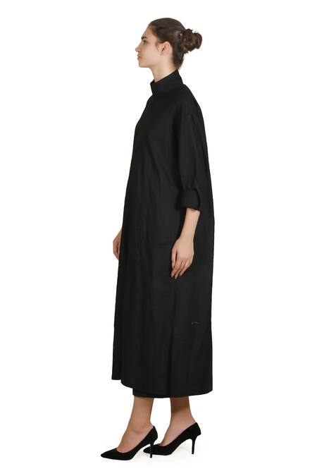 Samant Chauhan_Black Cotton Mandarin Collar Carbon Fall Dress _Online_at_Aza_Fashions