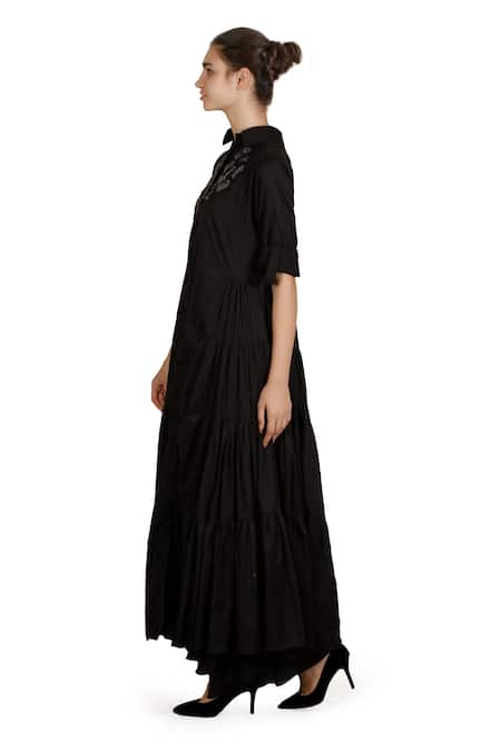 Samant Chauhan_Black Cotton Embroidery Collared Shard Dress _Online_at_Aza_Fashions