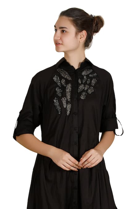 Buy_Samant Chauhan_Black Cotton Embroidery Collared Shard Dress _Online_at_Aza_Fashions