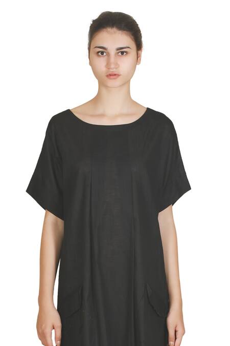 Samant Chauhan_Black Linen Round Neck Coal Drape Dress _Online_at_Aza_Fashions
