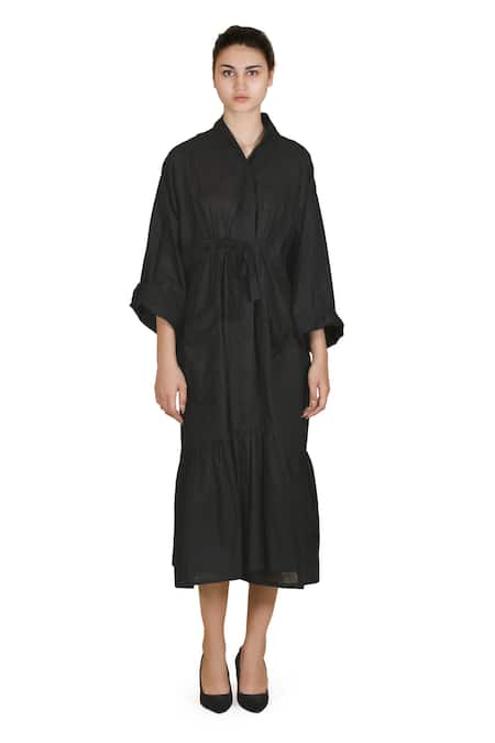 Samant Chauhan Black Linen Shawl Neck Midnight Silhouette Dress 