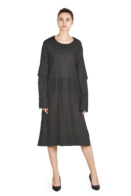 Samant Chauhan Black Linen Round Neck Dark Slate Dress 