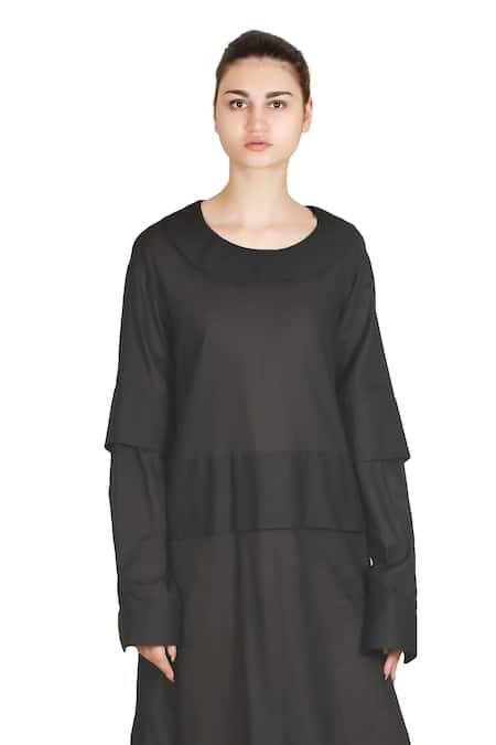 Buy_Samant Chauhan_Black Linen Round Neck Dark Slate Dress _Online_at_Aza_Fashions